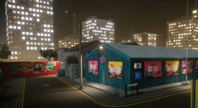 A perspective of the club warehouse in the street view.