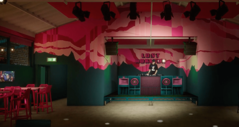 A view of the DJ booth inside the club, with the unique psychedelic decoration.